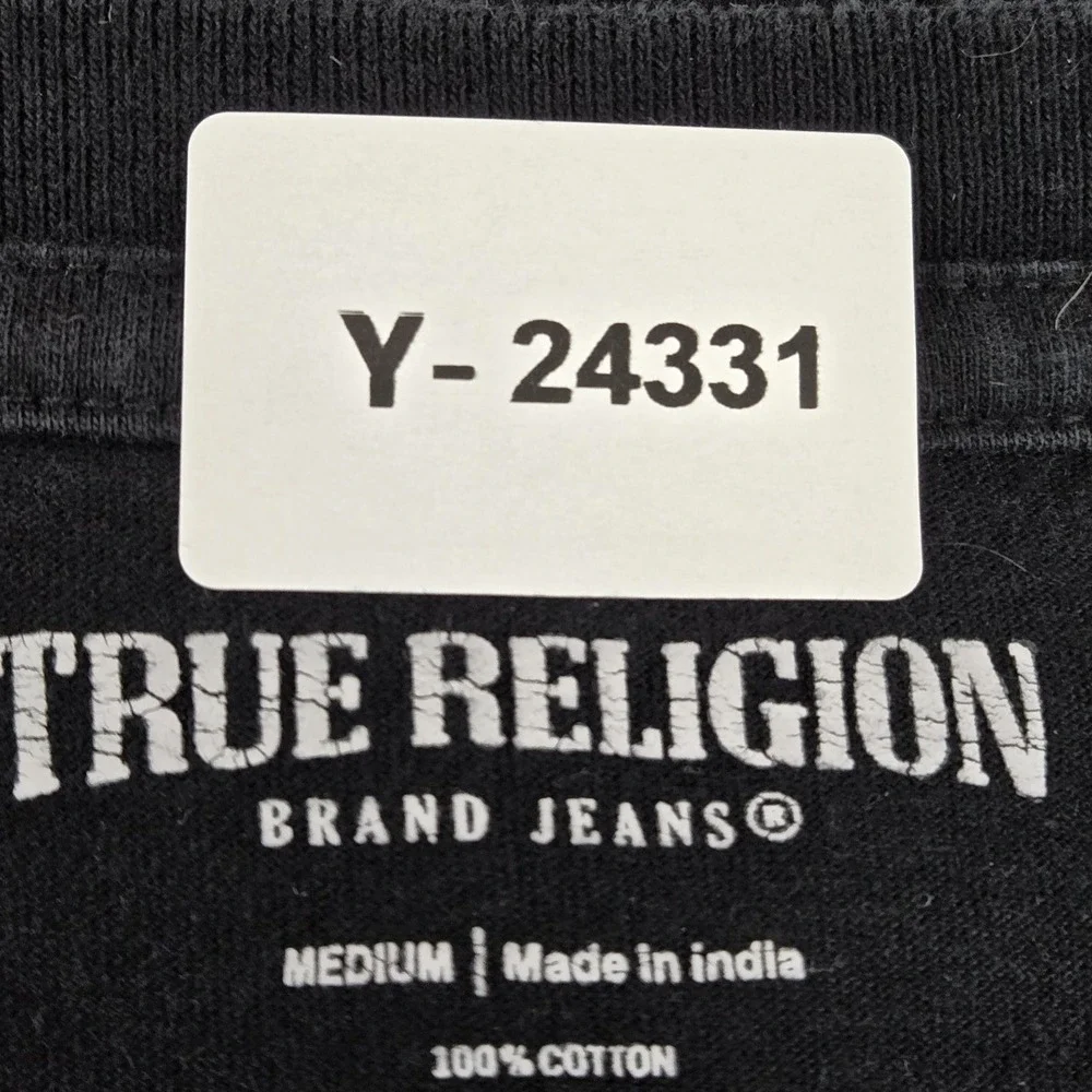 True Religion Men Shirt MEDIUM Black Graphic Print Buddha Guitar Logo